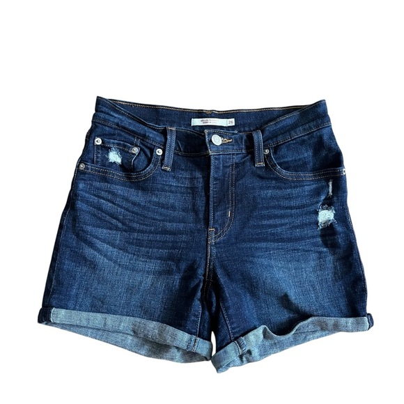 Levi’s 501 mid-length shorts dark wash distressed denim cuffed hem 3.5” inseam - Picture 1 of 9